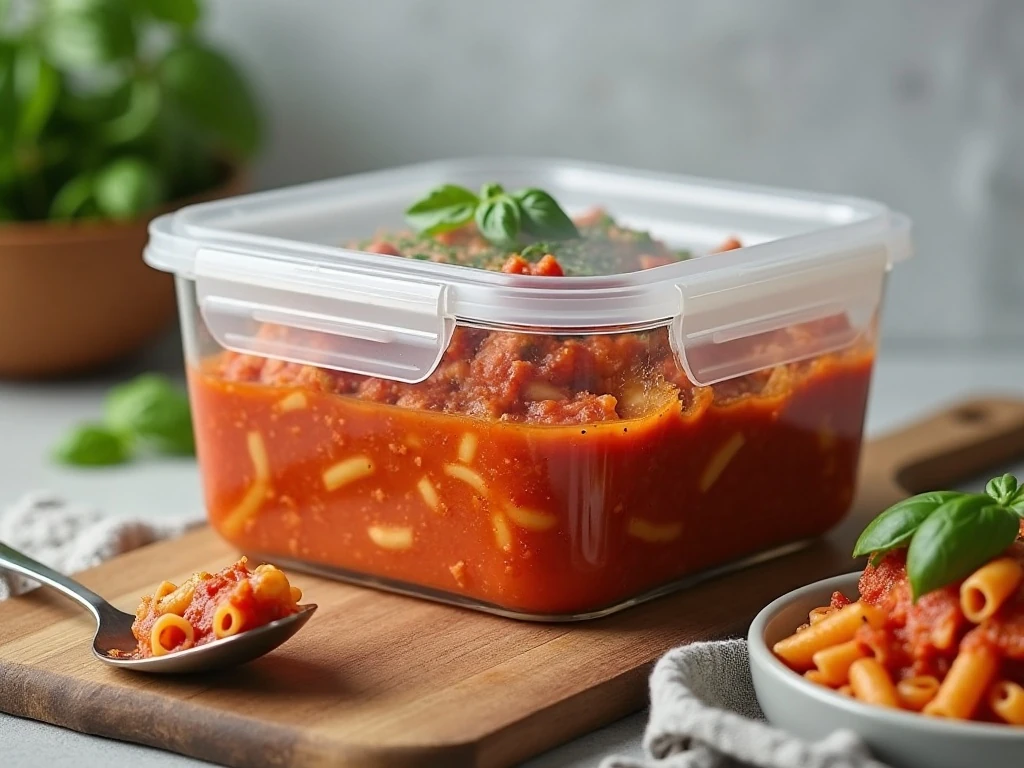 Homemade marinara stored for later use with a serving of pasta