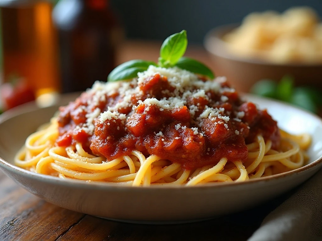 Bowl of spaghetti with rich homemade meat sauce and Parmesan