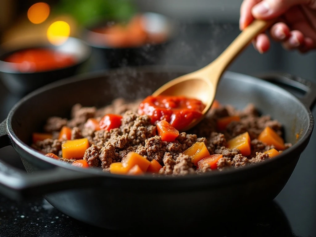 Browning beef and vegetables for homemade meat sauce