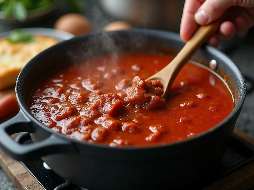 Meat sauce simmering uncovered in a Dutch oven