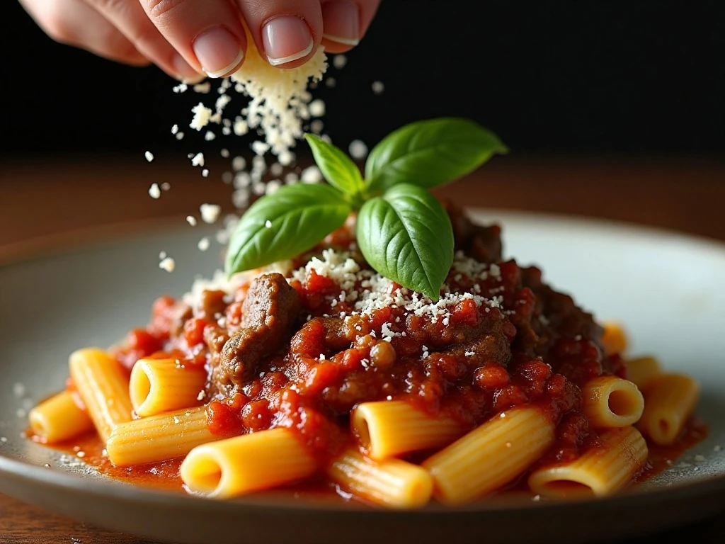Parmesan and basil garnish on pasta with meat sauce