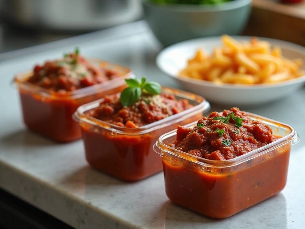 Homemade meat sauce prepared for storage and reheating