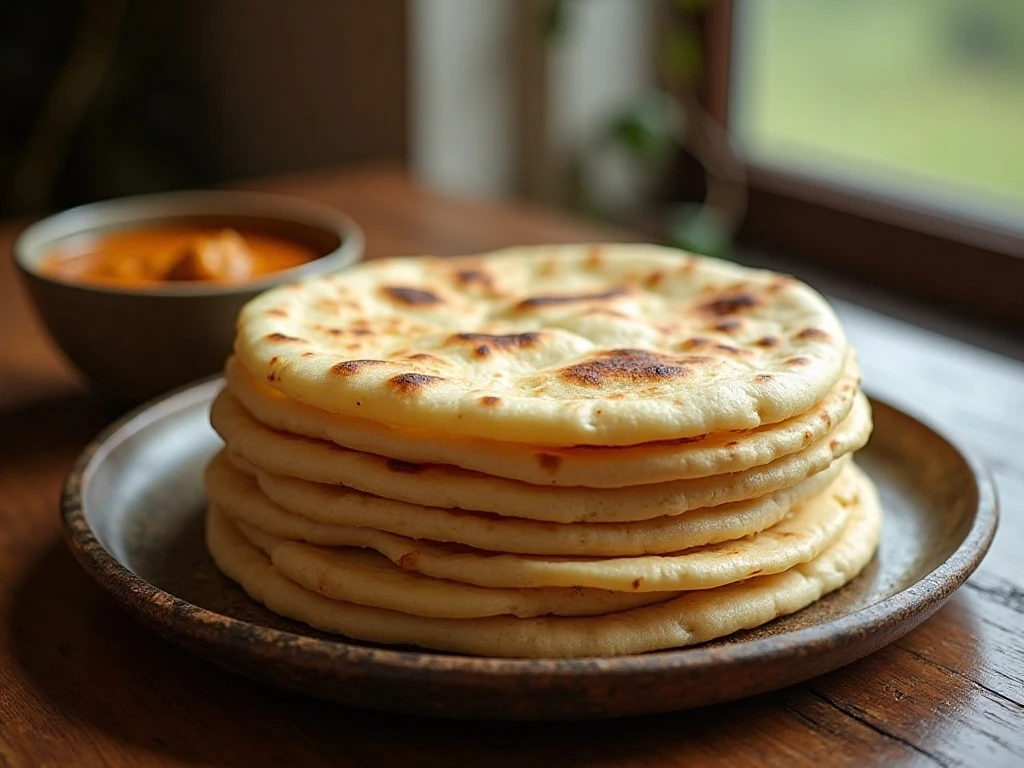Stack of soft homemade naan served with curry