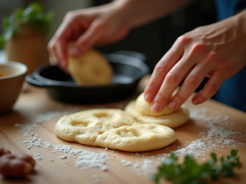 Shaping naan dough before cooking in a skillet