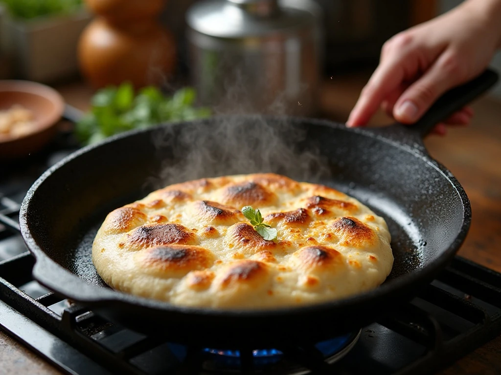 Naan blistering in a hot cast-iron skillet