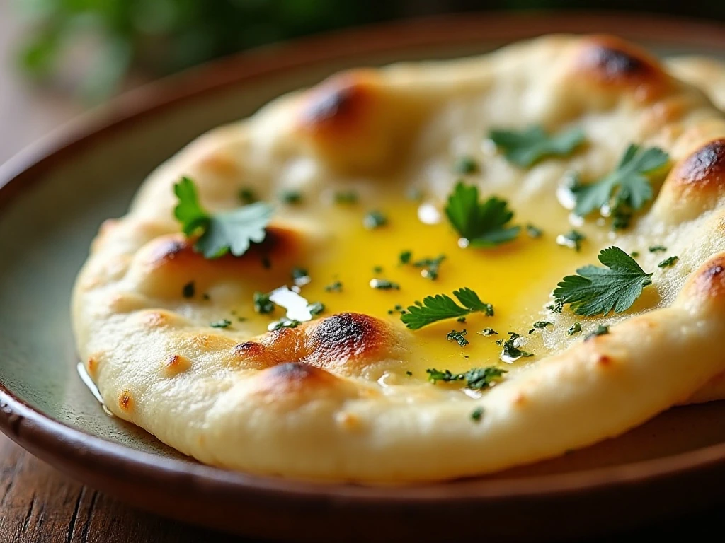 Garlic and cilantro naan brushed with ghee