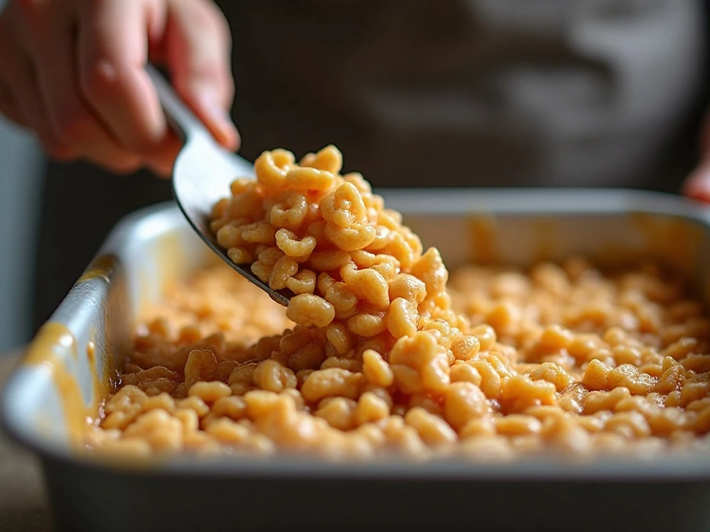 Folding crisp rice cereal into the peanut-butter mixture
