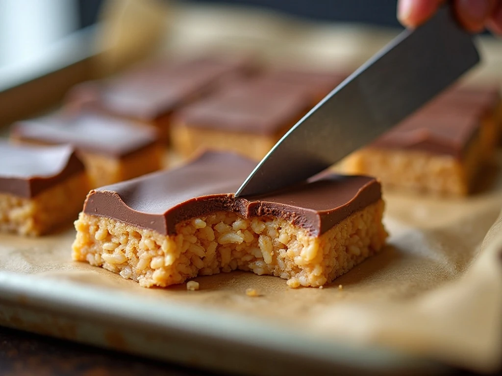 Cutting chilled homemade Oh Henry bars into squares