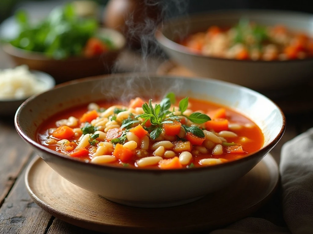 Bowl of comforting homemade tomato orzo soup with beans and vegetables