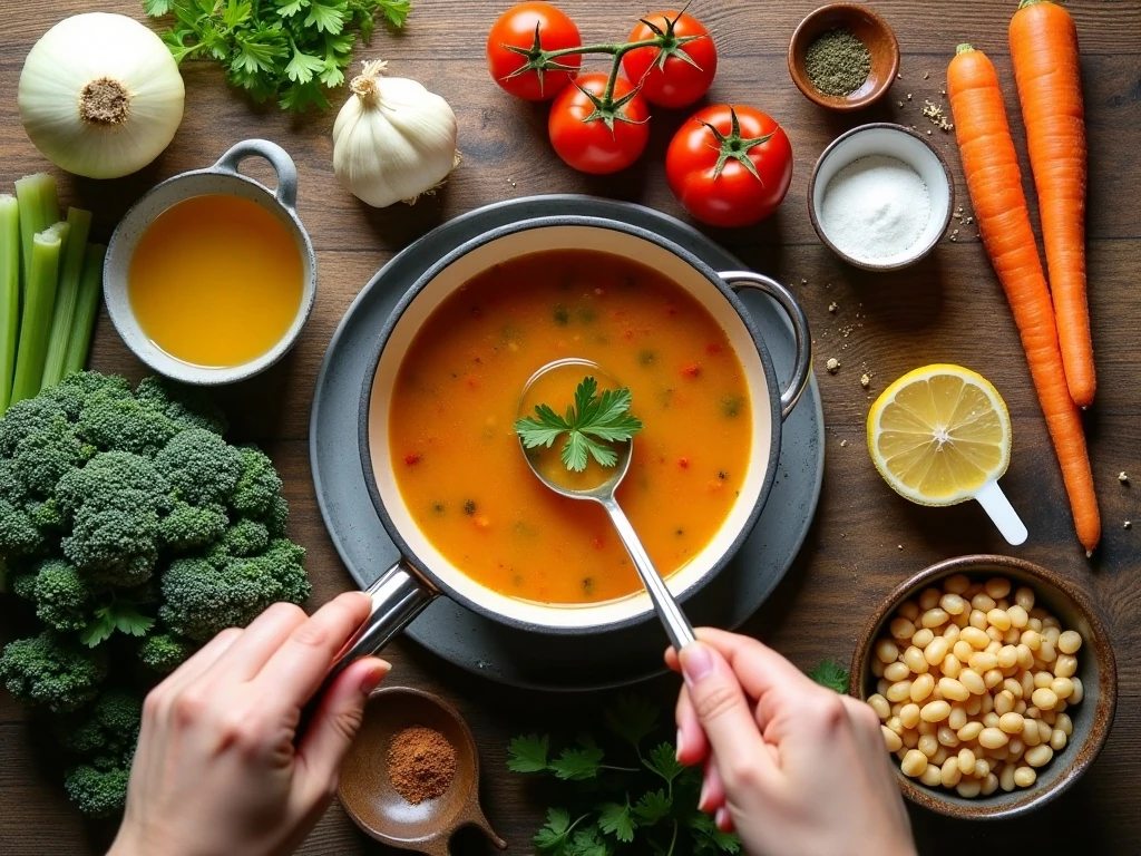 Ingredients for homemade vegetarian orzo soup arranged on a kitchen table