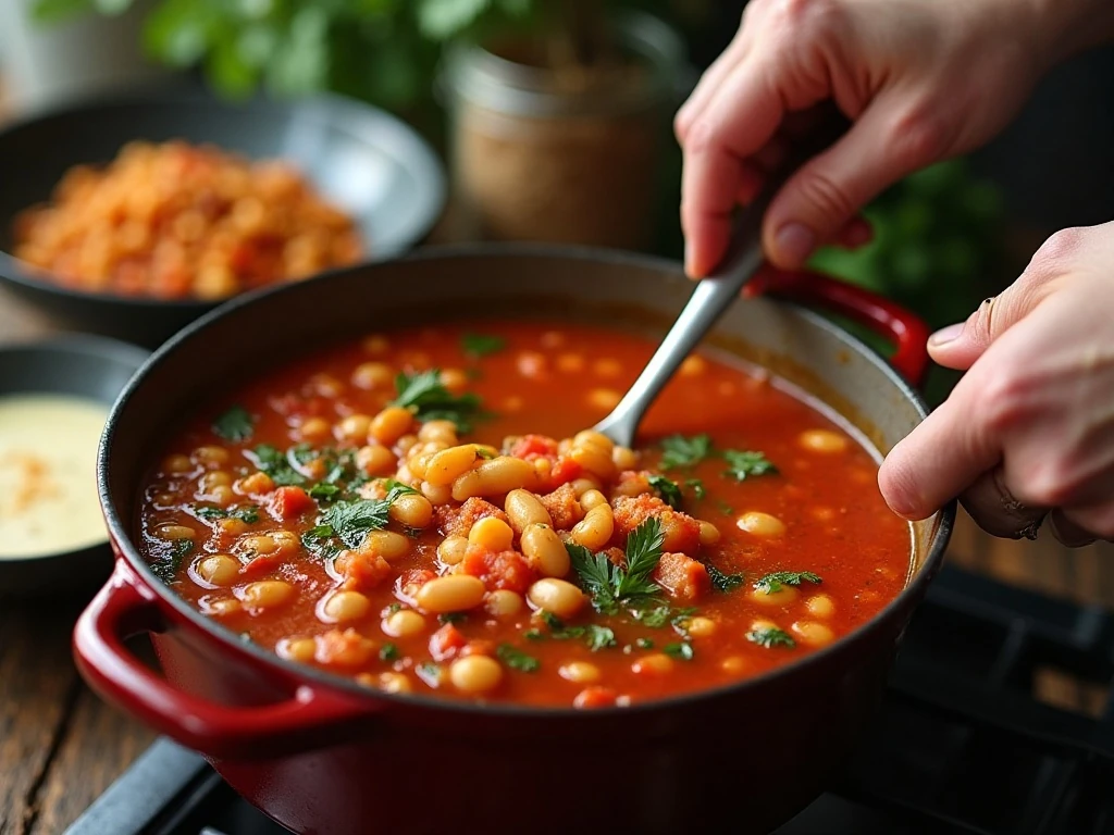 Cooking vegetables, beans, and orzo together in a soup pot