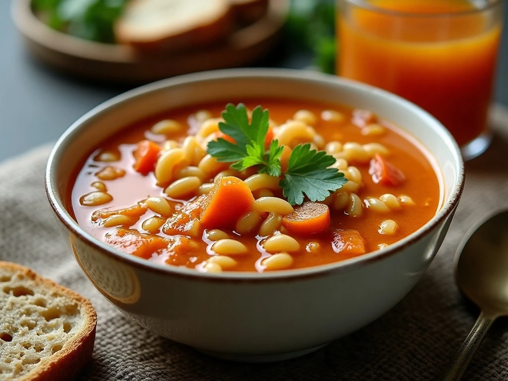 Stored and reheated homemade orzo soup served with extra broth