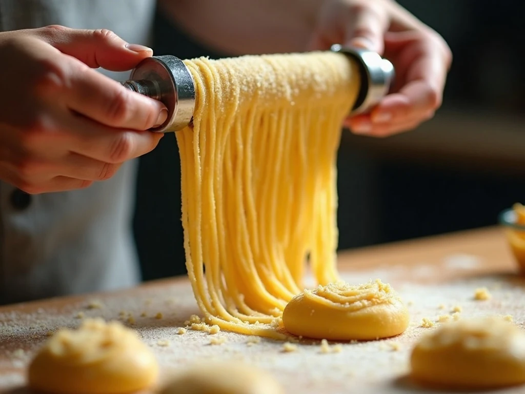 Rolling fresh pasta dough through a pasta machine