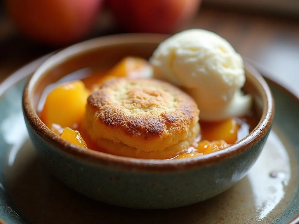Warm homemade peach cobbler with vanilla ice cream