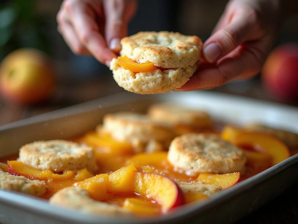 Biscuit dough spooned over peach filling before baking