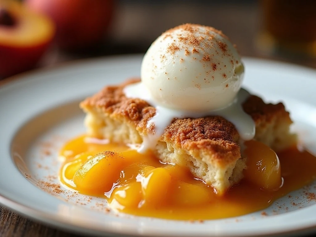 Peach cobbler topped with melting vanilla ice cream