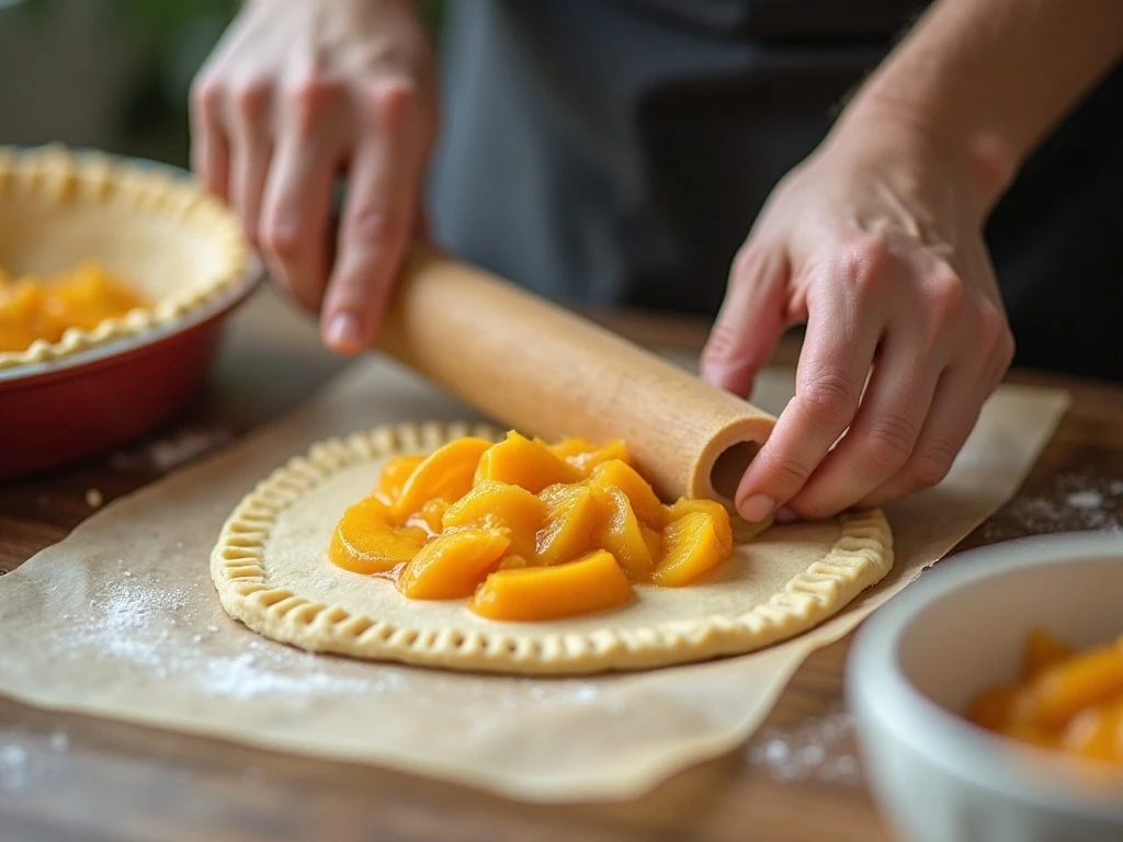 Rolling pastry and preparing peach hand pie filling