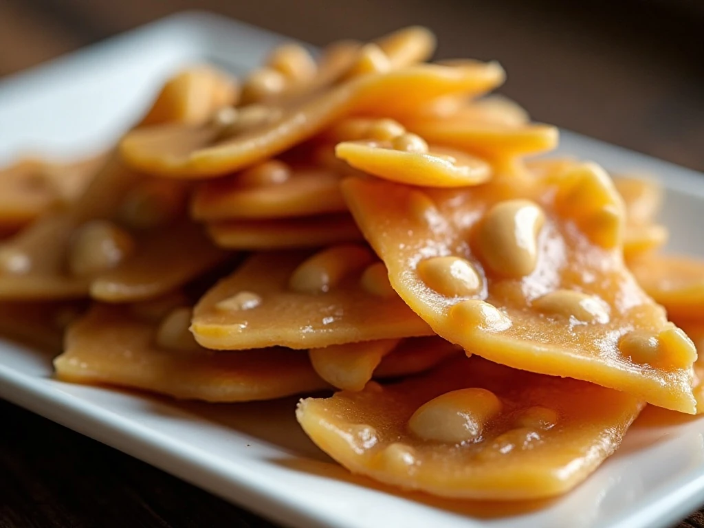 A platter of crisp golden homemade peanut brittle pieces