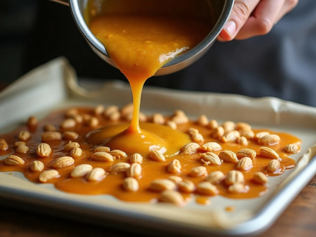 Hot peanut brittle mixture spread on a prepared baking sheet