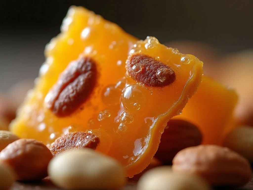 Close-up of the airy crunchy texture inside peanut brittle