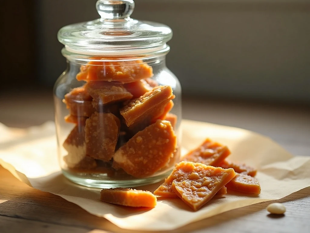 Peanut brittle stored in an airtight glass jar