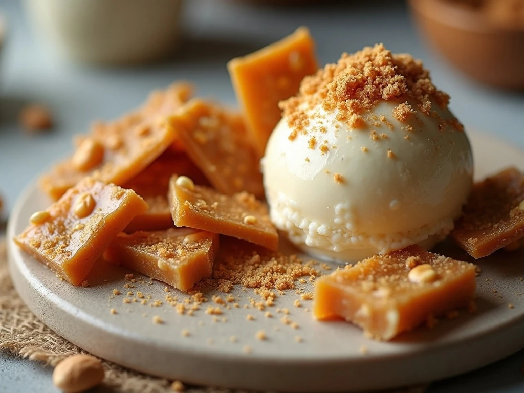 Peanut brittle served with vanilla ice cream and crushed candy