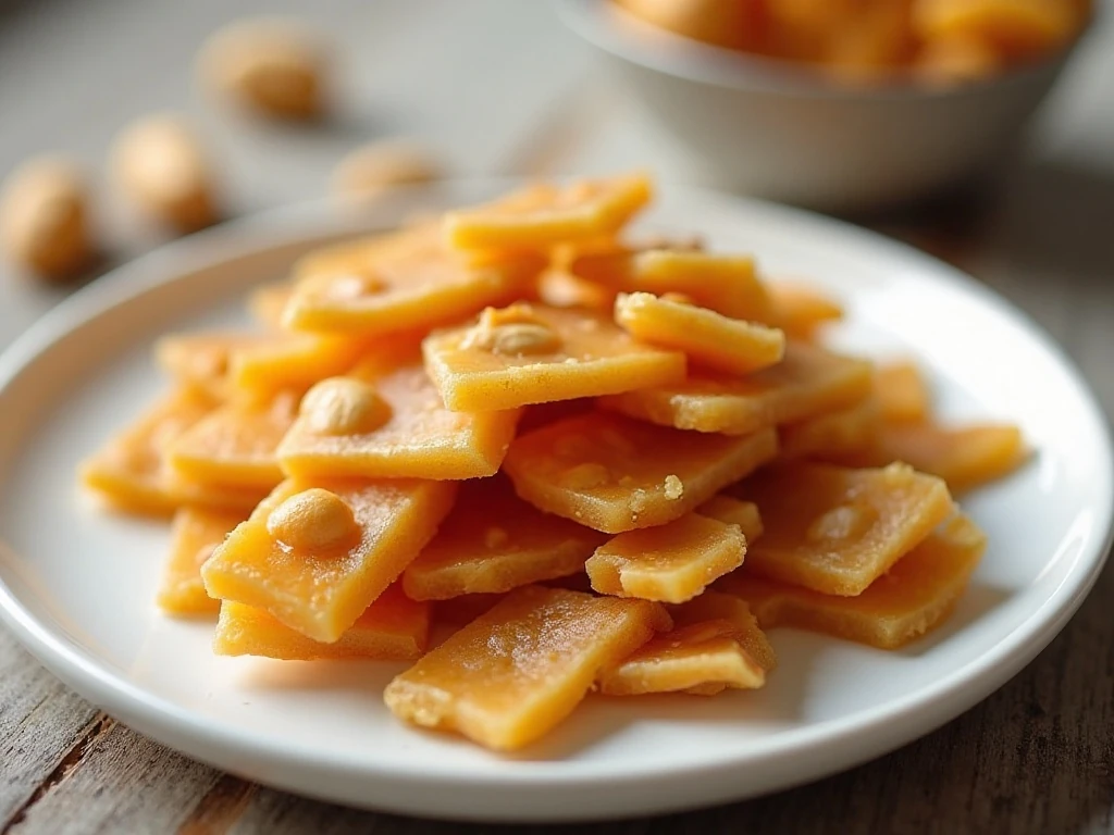 Golden homemade peanut brittle pieces arranged on a serving plate