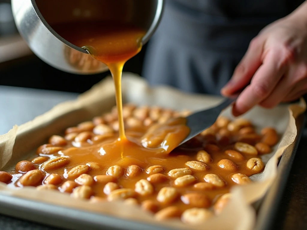 Hot peanut brittle mixture poured onto a prepared baking sheet