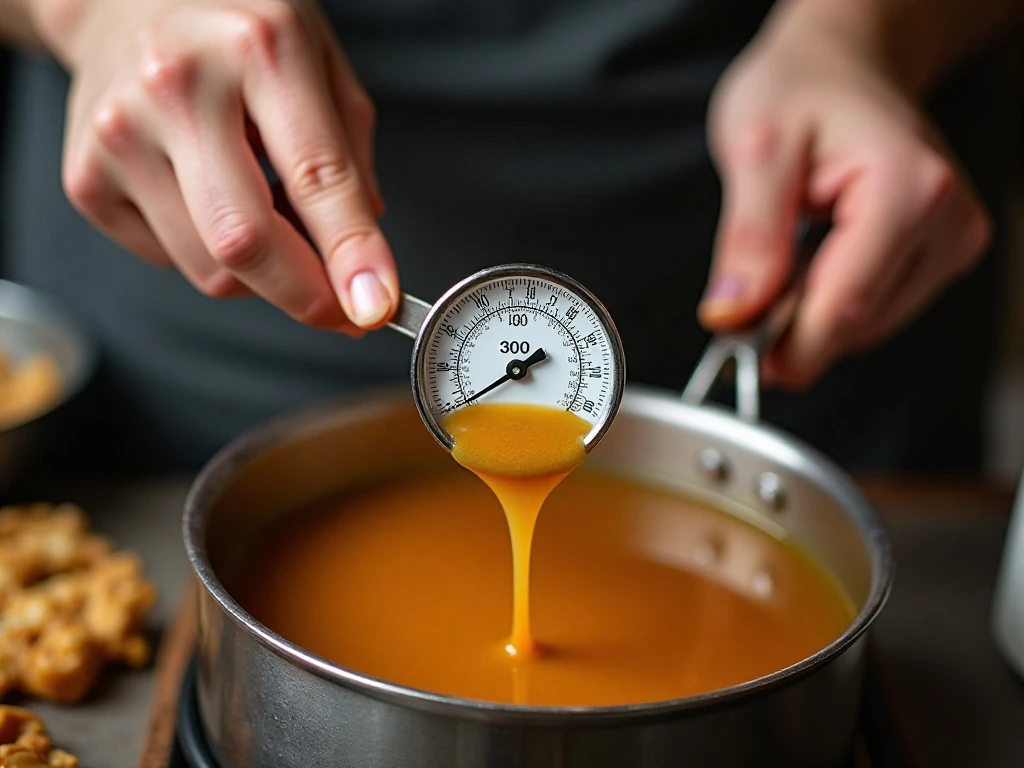 Candy thermometer showing the hard-crack temperature for peanut brittle