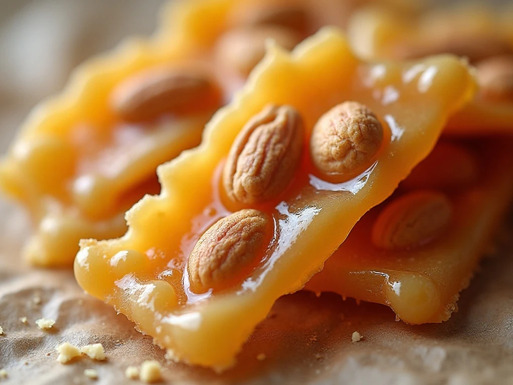 Close-up view of the crisp texture and peanuts in homemade brittle