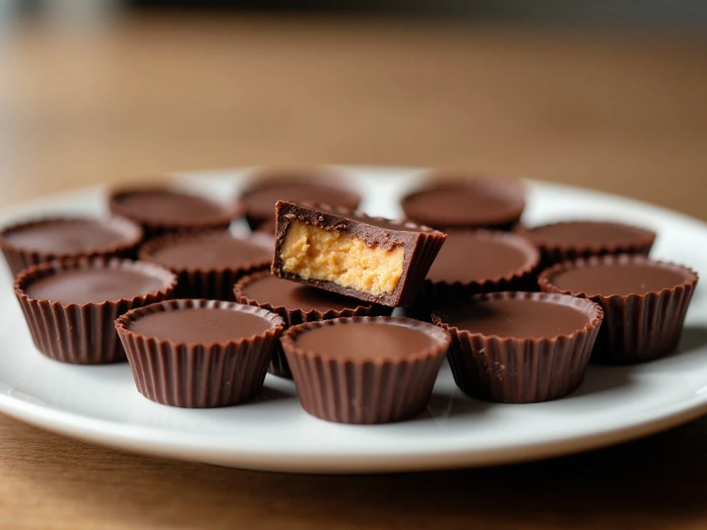 Homemade peanut butter cups arranged on a dessert plate