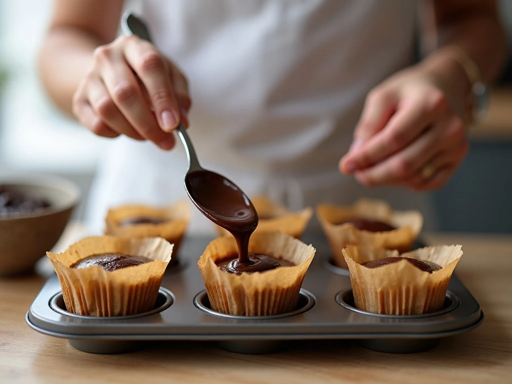 Adding melted chocolate to muffin liners for peanut butter cups