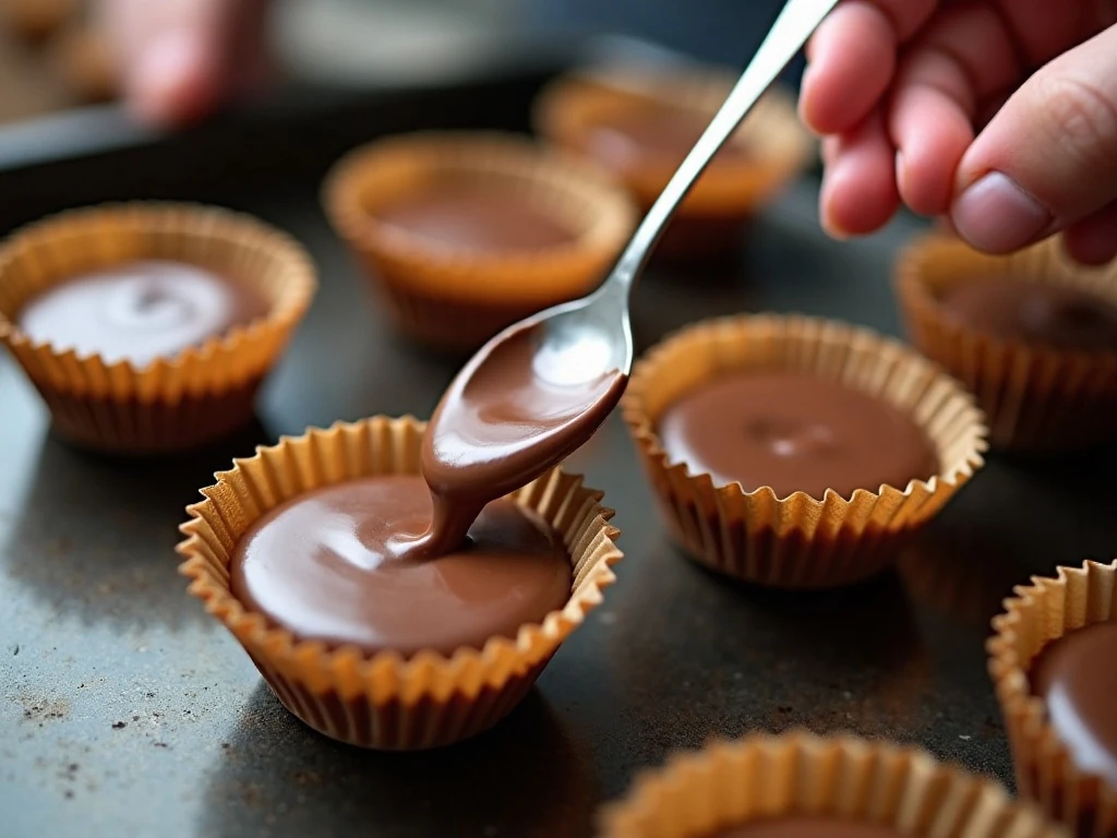 Covering peanut butter filling with melted chocolate