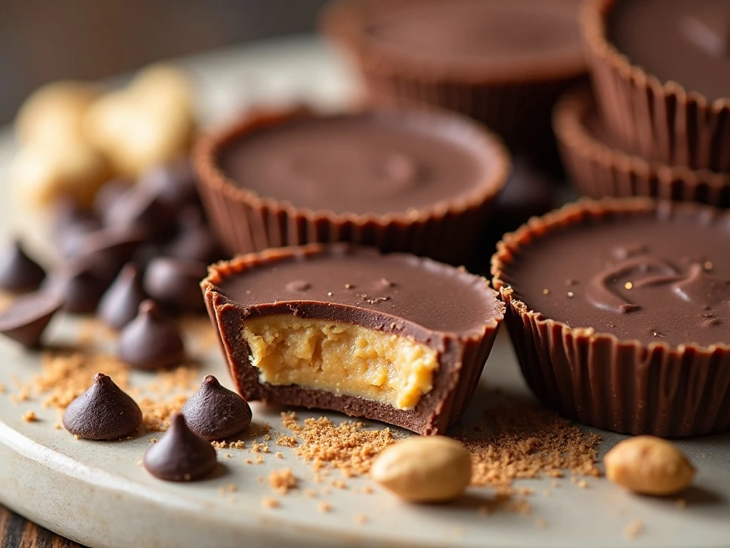 Peanut butter cup flavor variations with chocolate and peanuts