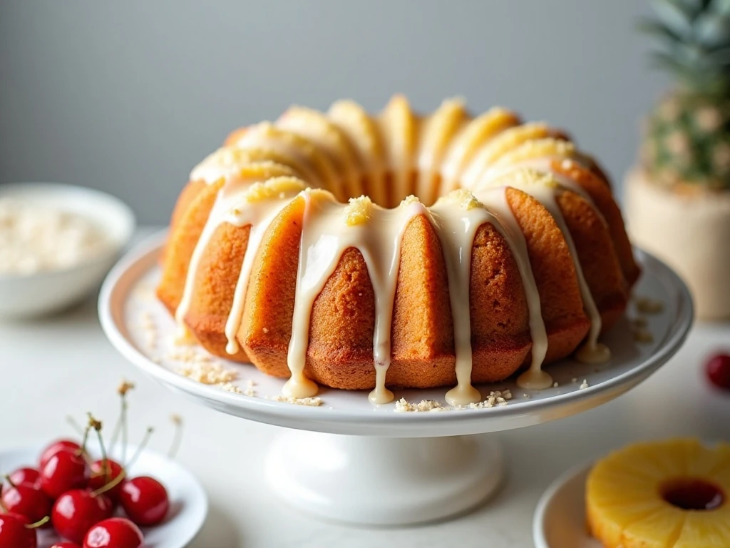 Golden pineapple angel food Bundt cake with pineapple glaze