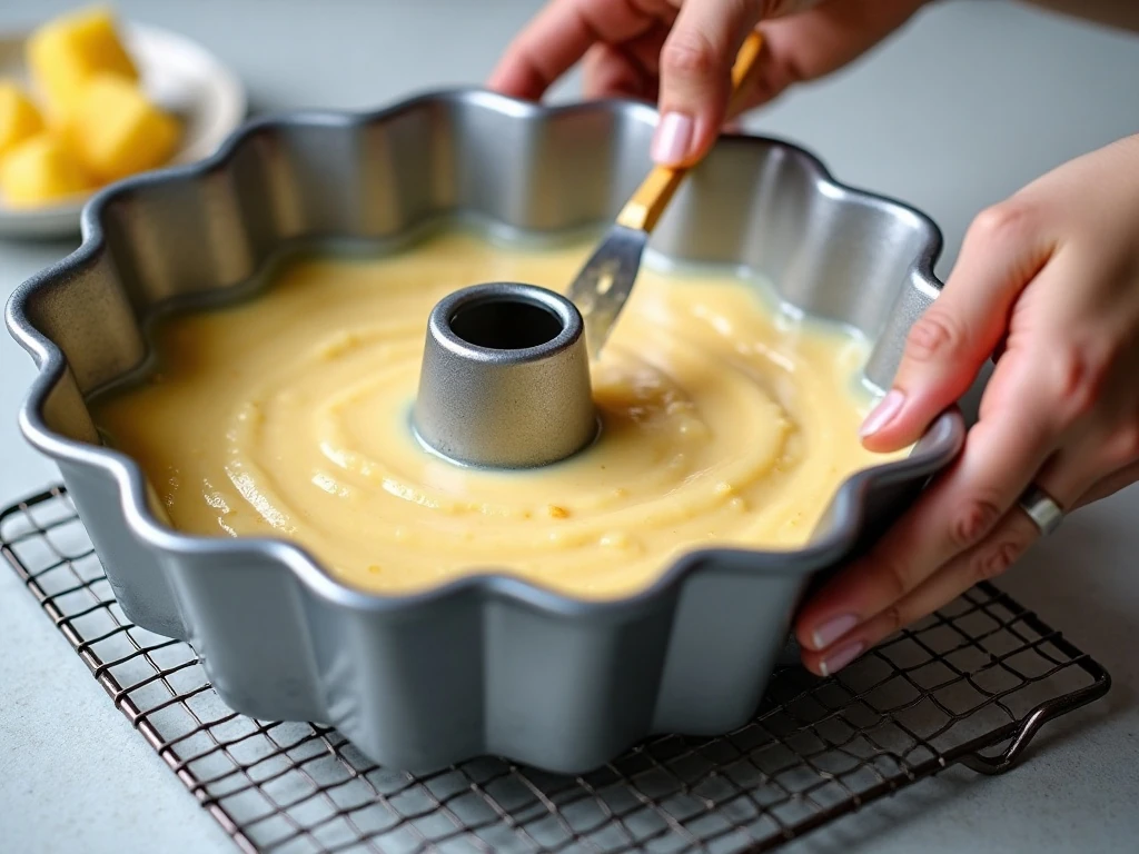 Pineapple angel food cake batter in a prepared Bundt pan
