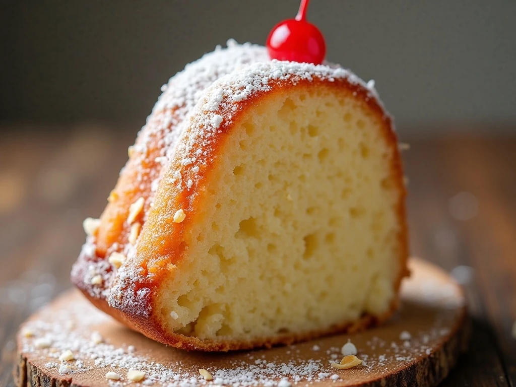 Glazed pineapple angel food cake slice with coconut garnish