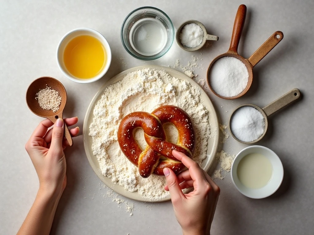 Ingredients for homemade soft pretzel rolls arranged on a countertop