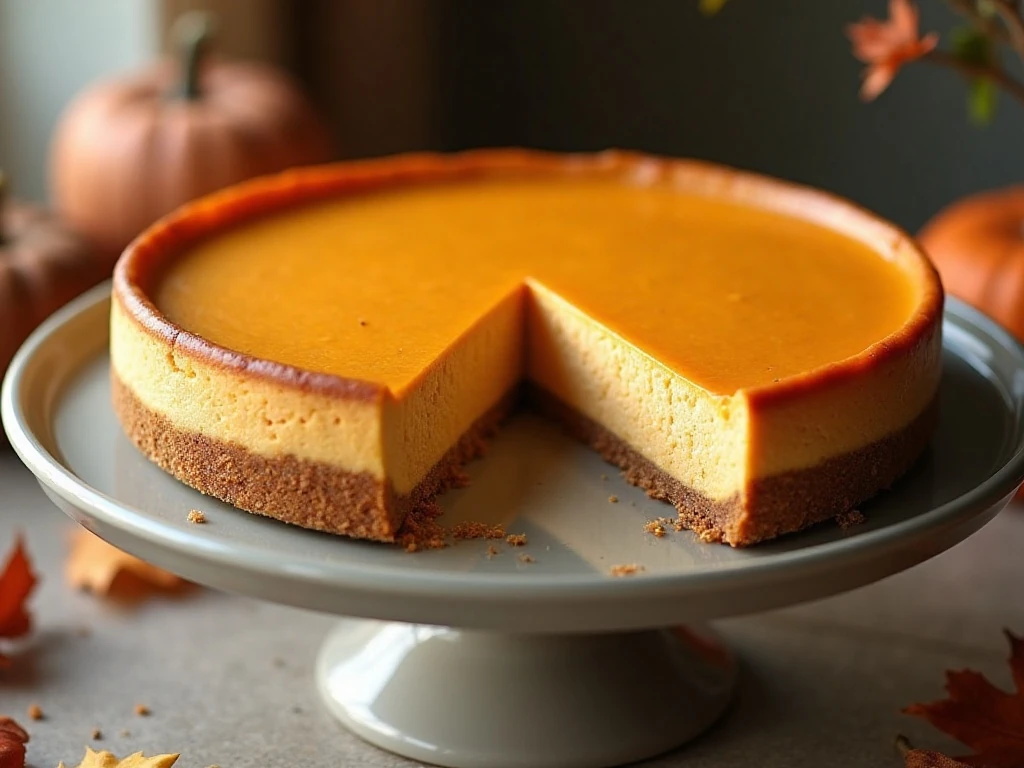 Homemade pumpkin cheesecake with a creamy spiced filling and graham-cracker crust