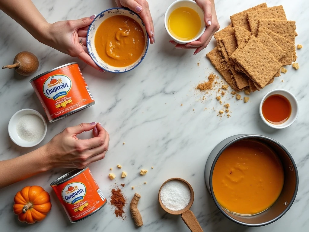 Ingredients for homemade pumpkin cheesecake arranged on a kitchen counter