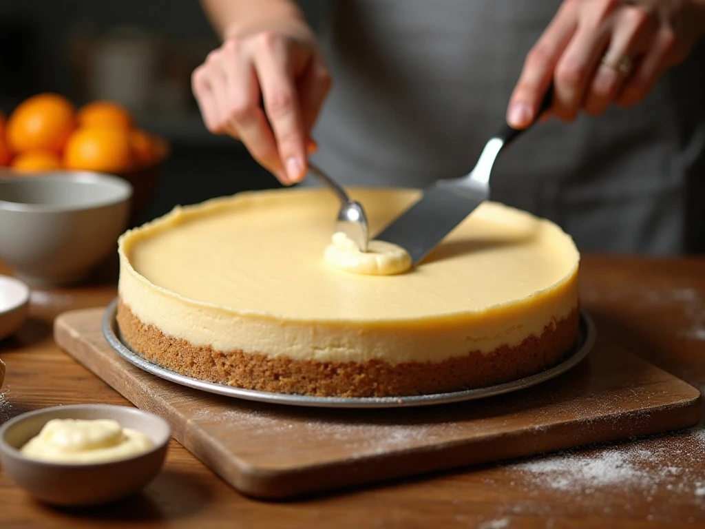 Pumpkin cheesecake batter being spread over a graham-cracker crust