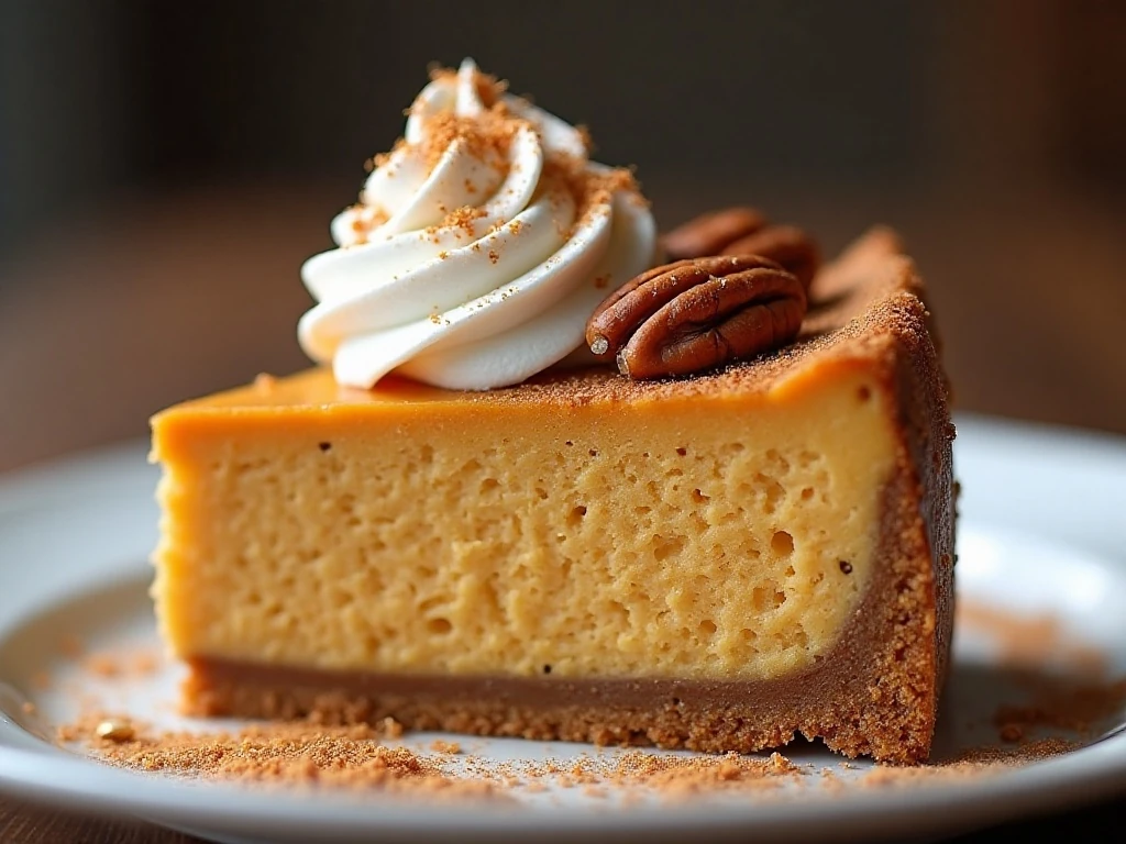 Pumpkin cheesecake slice topped with whipped cream, pecans, and cinnamon