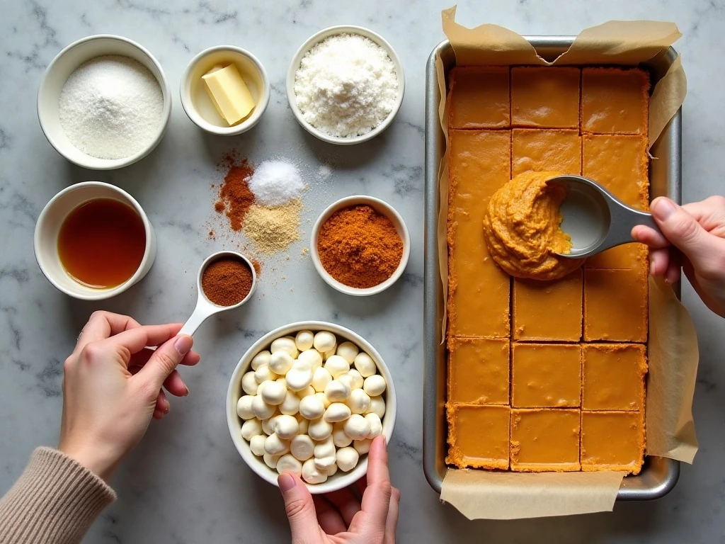 Ingredients for easy homemade pumpkin fudge arranged on a kitchen counter