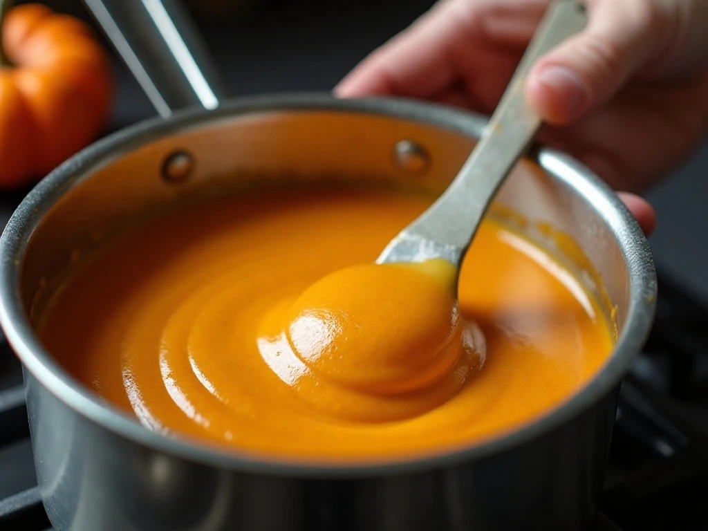 Pumpkin fudge mixture cooking in a heavy saucepan with a candy thermometer