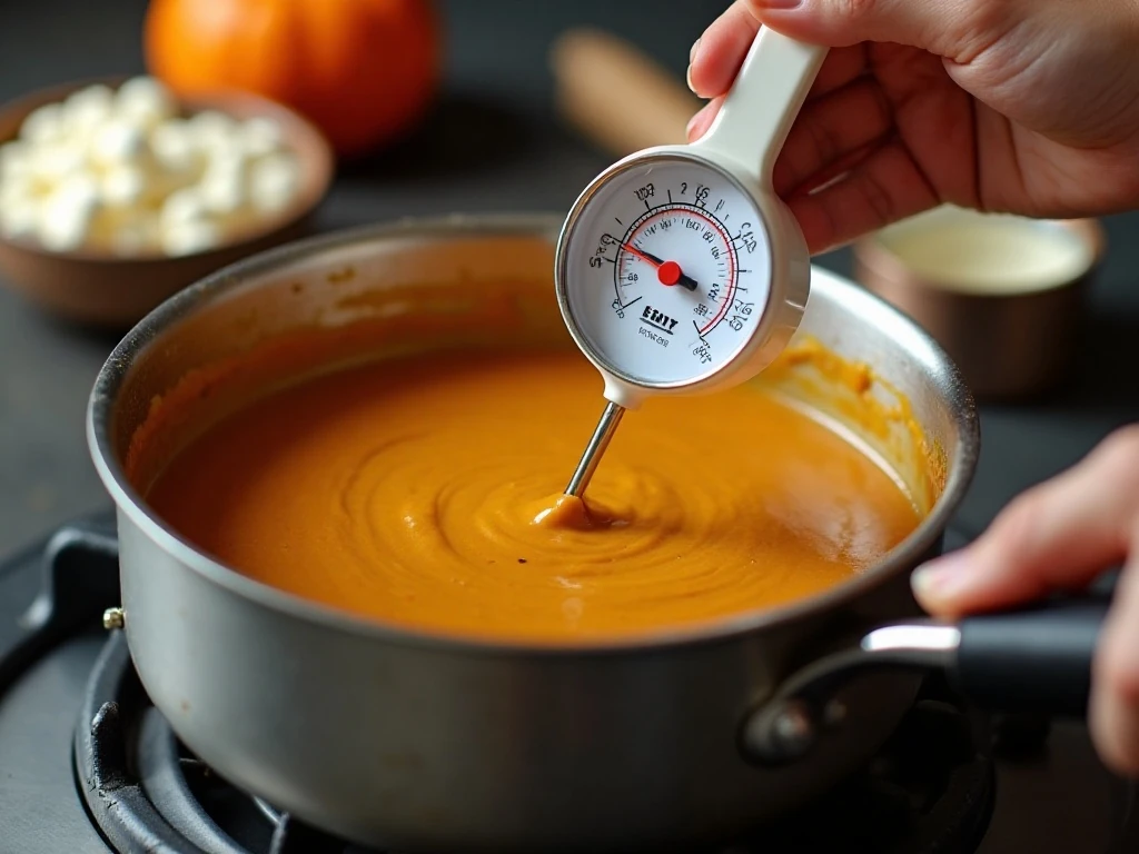 Candy thermometer checking the temperature of pumpkin fudge