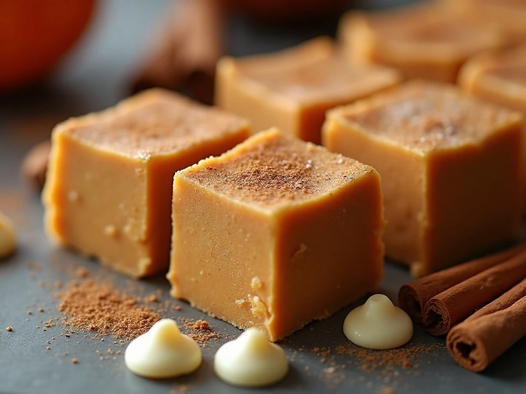 Close-up pumpkin fudge squares with warm fall garnish