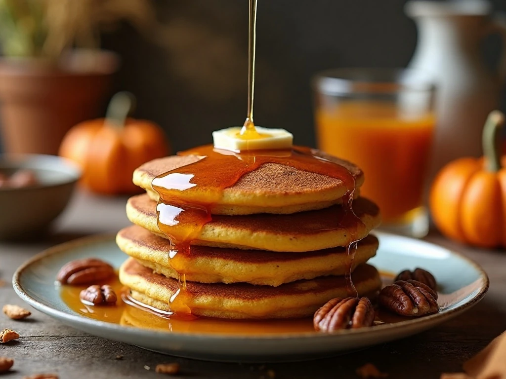 Stack of fluffy homemade pumpkin pancakes with butter, maple syrup, and pecans