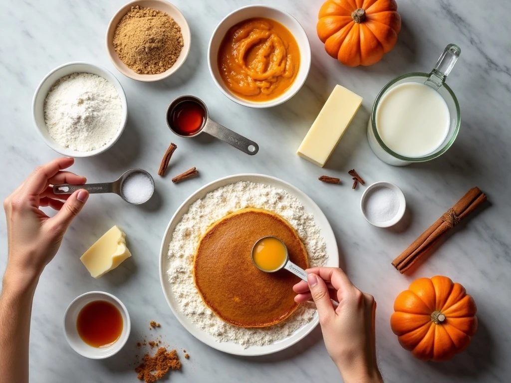 Ingredients for homemade pumpkin pancakes arranged on a counter