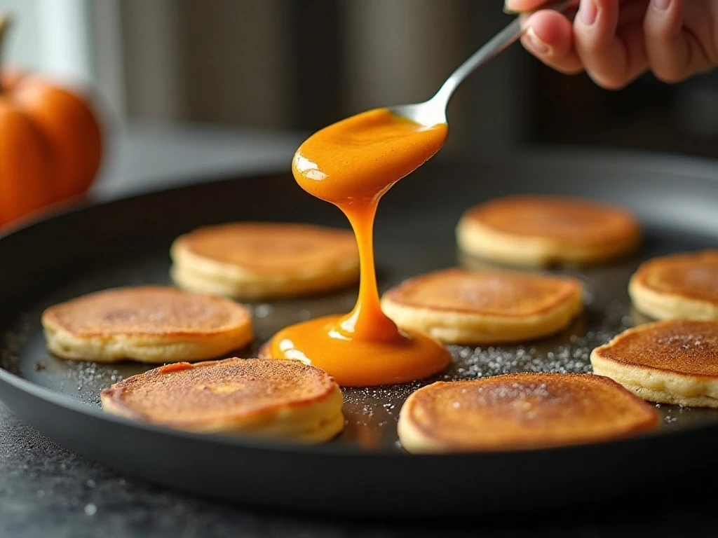 Thick pumpkin pancake batter cooking on a griddle