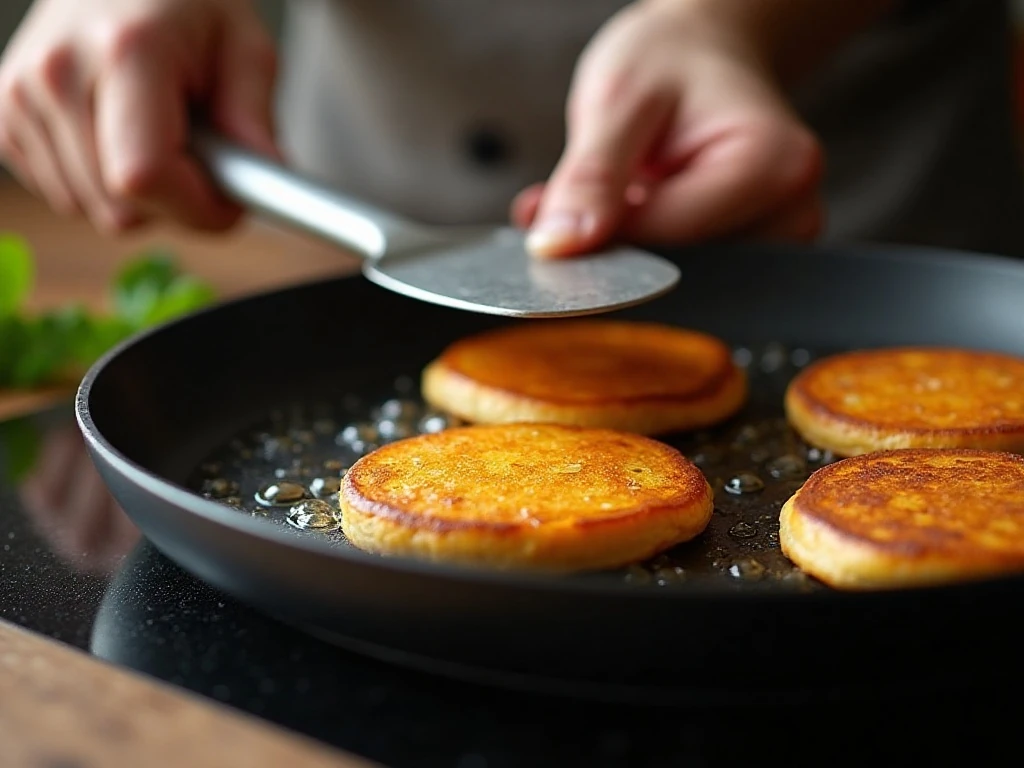 Pumpkin pancake being flipped when bubbles form